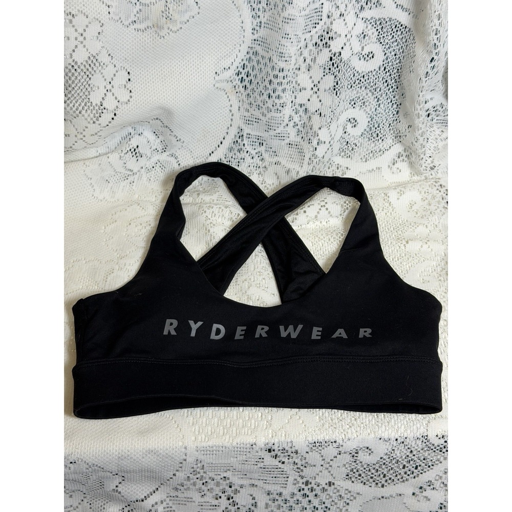Ryderwear Womens Medium Black Cross Back Sports Bra Logo Gym Activewear
